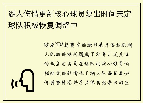 湖人伤情更新核心球员复出时间未定球队积极恢复调整中