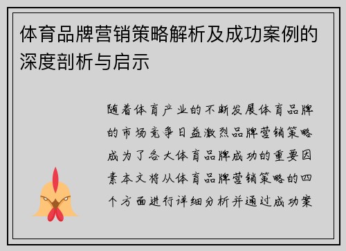 体育品牌营销策略解析及成功案例的深度剖析与启示