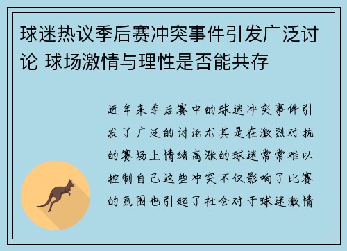 球迷热议季后赛冲突事件引发广泛讨论 球场激情与理性是否能共存